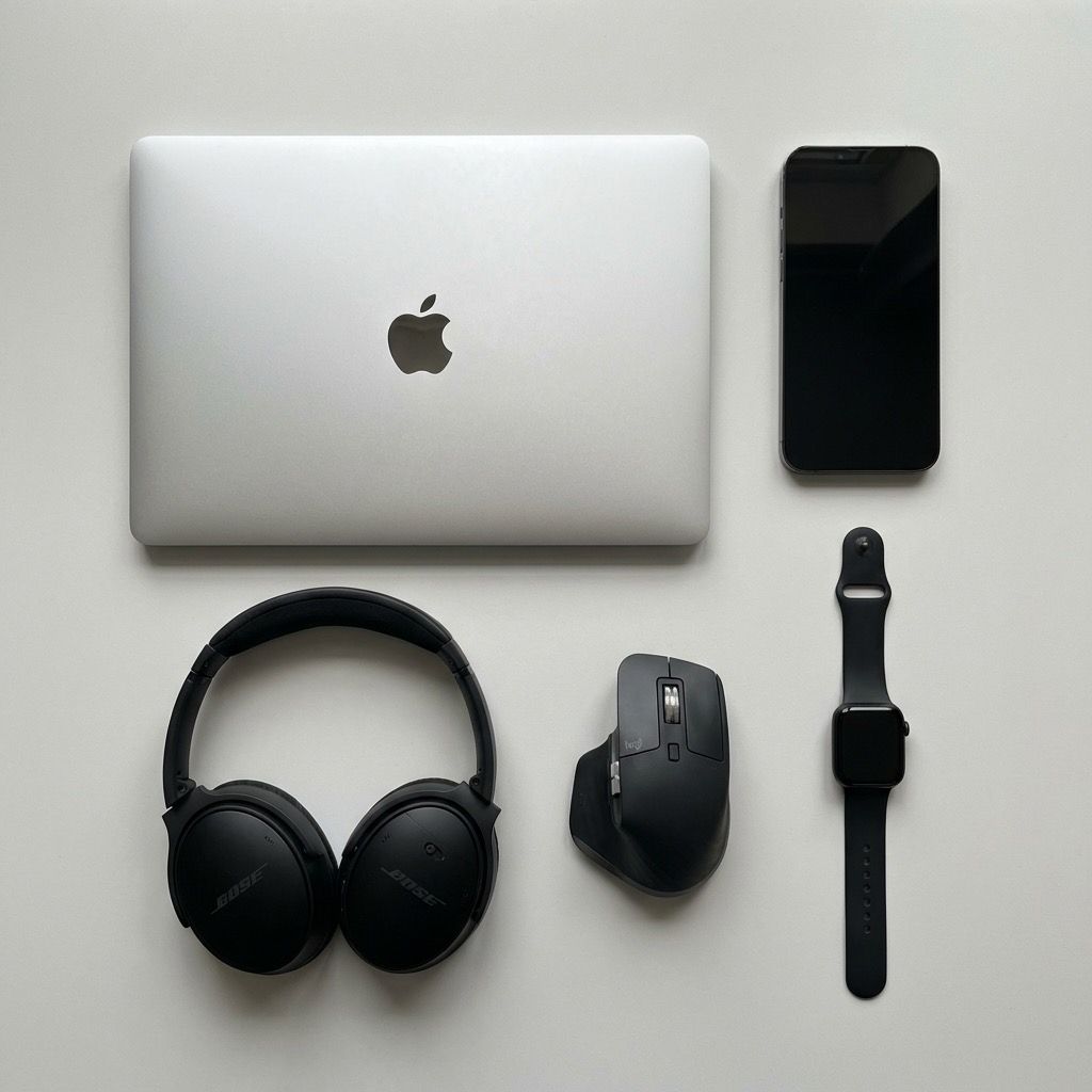 A flat lay of the laptop, phone, headphones, mouse, and watch in my everyday carry
