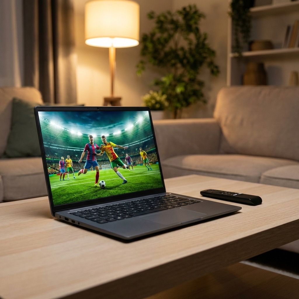 A football match streaming on a laptop in a living room