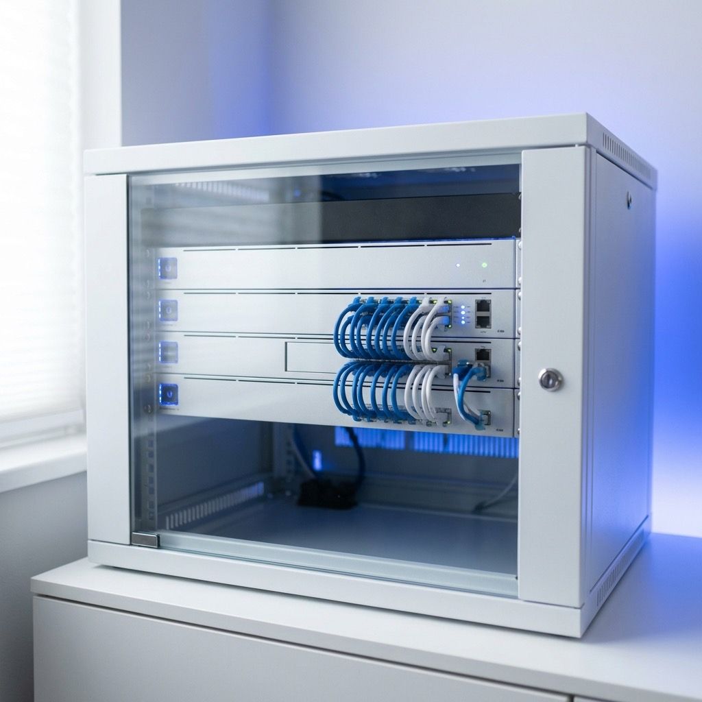 A UniFi-style network appliance installed in a compact equipment rack
